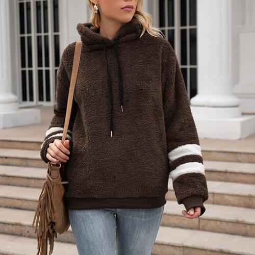 Womens Hoodie Sweatshirt Tops Fluffy Striped Patchwork Long Sleeve Furry Hooded Tops Autumn 2021 Casual Streetwear