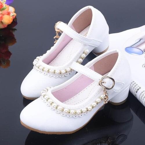 High Heels Kid Shoes Beading White Leather Girls Party Shoes Princess Dress Shoe Big Children Wedding Shoe 3 4 5 6 7 8 9 10 1112