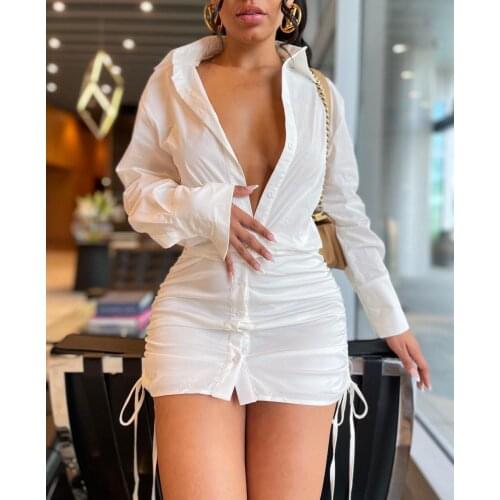 Elegant Lace Up Ruched Mini Black White Shirt Dress Women New Autumn Sexy V Neck Long Sleeve Bandage Bodycon Dress Robe Lounge