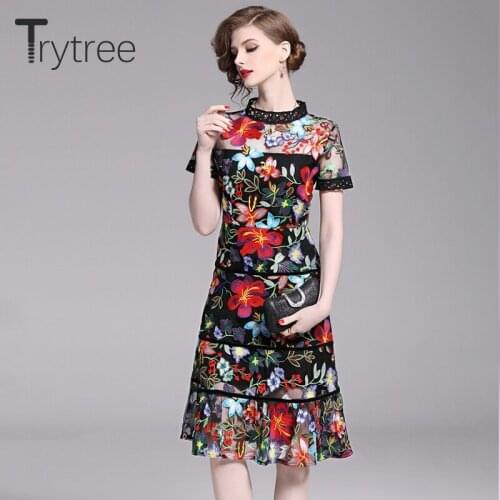 Trytree Summer Casual Embroidery Floral Dress Polyester Knee-Length Lace Stand Collar Women Dresses High Street Hollow Out Dress