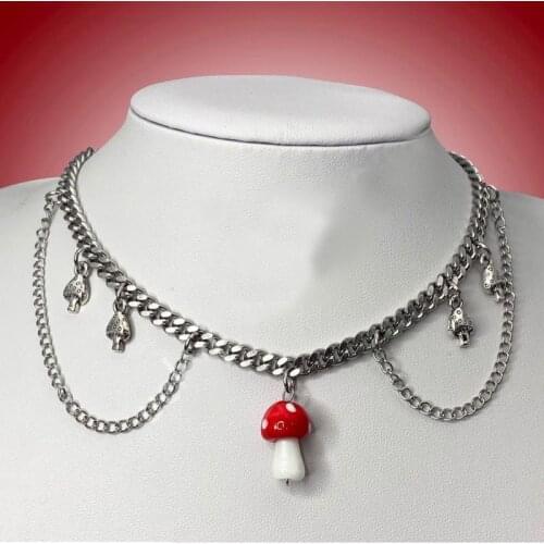 Harajuku Style Punk Silver Color Tassel Chain Necklaces For Women Vintage Geometric Mushroom Pendant Necklaces Collares Femme