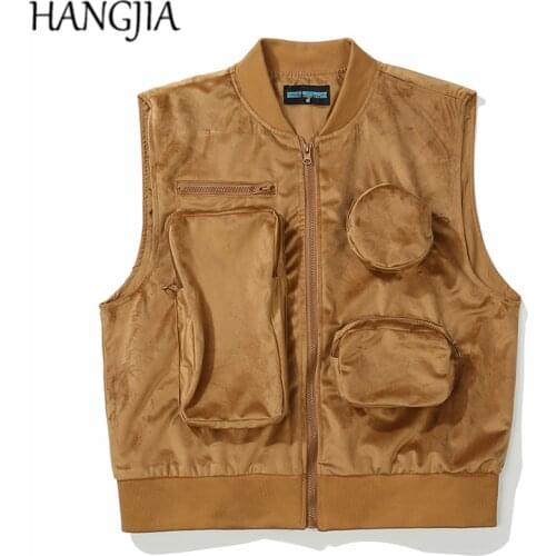 Harajuku Korean Sleeveless Velvet Vest Jacket Men Women Streetwear Fashion Loose Casual Multi-pocket Zip Up Cargo Vest Outwear