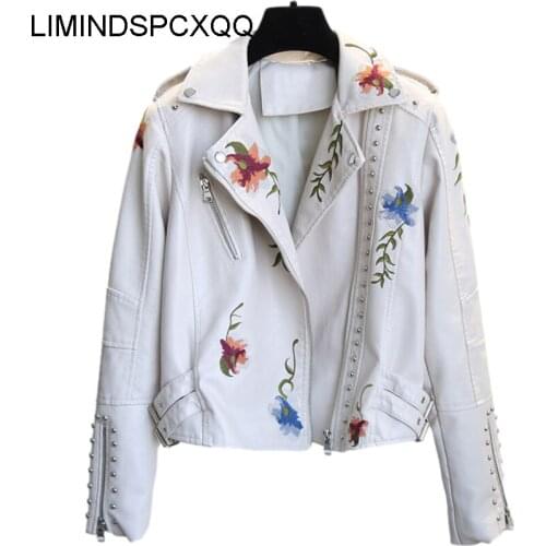 2021 Spring Autumn Floral Print Embroidery Faux Leather Jacket Womens High Street Motorcycle Black Punk Outerwear Biker Clothing