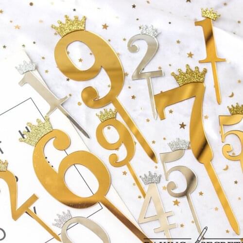 Number Crown 0-9 Happy Birthday Acrylic Cake Topper Gold Silver Wedding Cake Topper for Wedding Birthday Party Cake Decorations