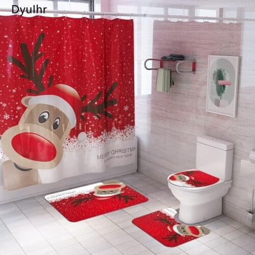 Bathroom Accessories Moose Duck Printing Polyester Waterproof Shower Curtain Toilet Seat Mat Floor Mat Christmas Bathroom Kit