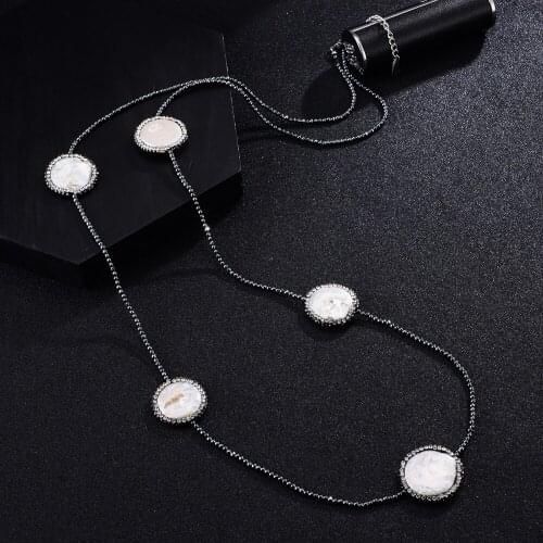 Ambrum Steel Pearl Necklace Sweater Elegant Women Big Pearl Beaded Necklace,Black Hematite Costume Jewelry,Crystal necklace Bead