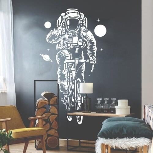 Large Crazy Astronaut Bike Planet Wall Sticker Living Room Playroom Cosmonaut Space Bicycle Sport Wall Decal Bedroom Vinyl Decor