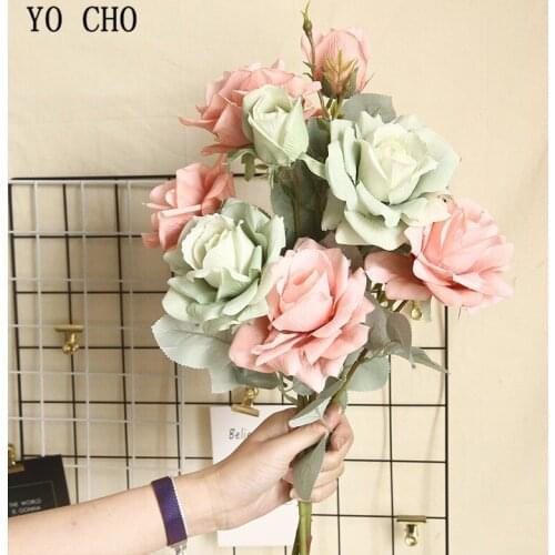 YO CHO Rose Flower Bouquet 3 Head Silk Jasmine Snow Rose Artificial Flower Branch Wedding Home Decoration Fake Flowers Wholesale