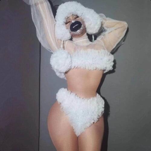 Festival Rave Party Show Cosplay Costume White Mesh Bikini Hat Outfit Sexy Nightclub Bar Stage Wear DJ Dancer Performance Wear