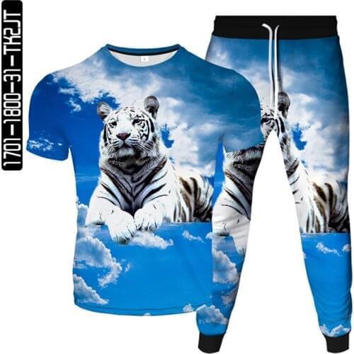 Digital printed tiger pattern T-shirt suit men and women casual 3D creative short-sleeved trousers two-piece suit