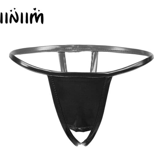 Iiniim Womens Shiny Leather Lingerie Thongs Crotchless Briefs Underwear Underpants T-back String Homme Open Butt Exotic Panties