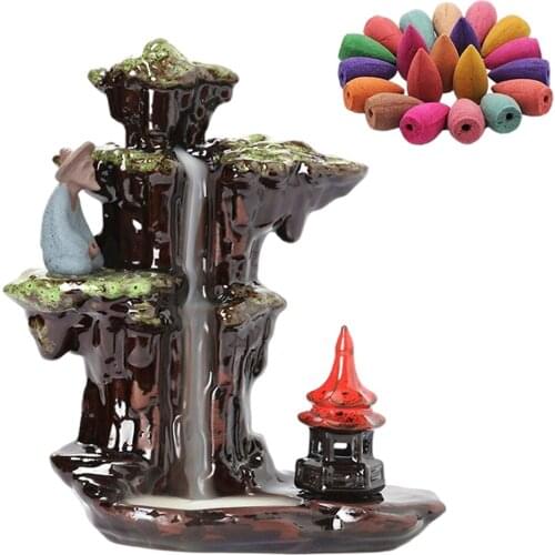 Ceramic Backflow Incense Holder Waterfall Incense Burner Home Decor Office Ornament + 20 Cones for Home Bedroom Living Room