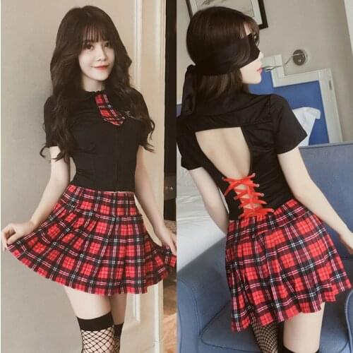 British High School Student Girls School Uniform Women Sexy JK Suit Bandage Backless Tops+Plaid Skirt Clothing Set for Female