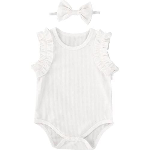 Fashion Newborn Toddler Baby Girls 2PCS Outfits Set Cotton Solid Sleeveless Romper Tops +Headband Summer Clothes