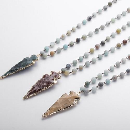 MOODPC Fashion Amazonite Stones Rosary Chain Arrowhead Pendant Mala Necklace Handmade Women Natural Stone Bead Necklace