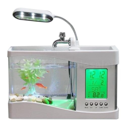 NOCM-Home Aquarium Small Fish Tank USB LCD Desktop Lamp Light LED Clock White