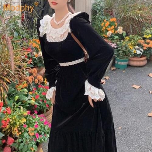 2021 Spring New Sexy O-Neck Long-Sleeved Lace Stitching Velvet Dress Elegant WomenS Black Club Evening Party Dress Vestidos