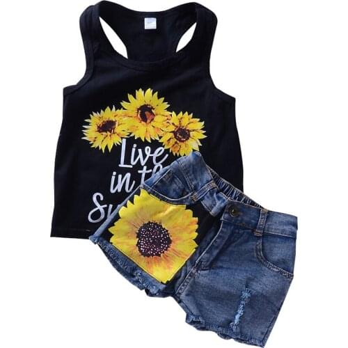 Boys Girls Sunflower Toddler Set Clothes Sleeveless Letter Vest Tank Top+Short Denim Pants Summer Outfits Set Clothes