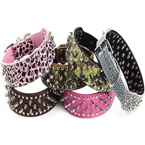 Spiked Studded Solid Pu Leather Dog Collars Pitbull Boxer Mastiff Breeds Pet Round Toe Nail Dog Collar 5pcs/lot