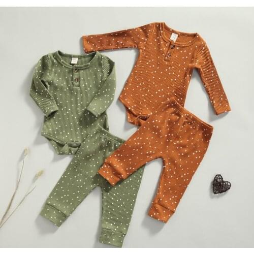 Fall Spring Baby Girls Ribbed Clothes Set Polka Dot Print Long Sleeve O-neck Romper Elastic Waist Trousers Warm Babys Sets