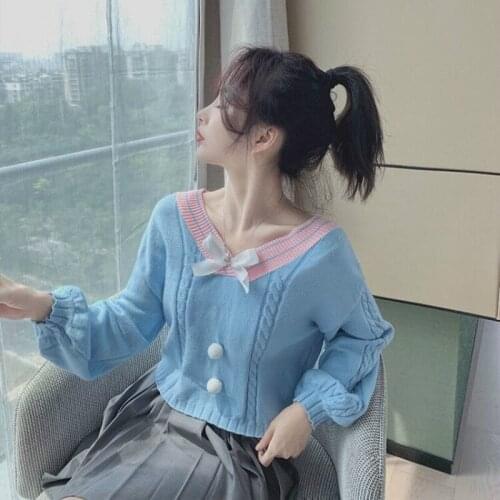 Autumn Winter Sweet Women V-neck Knitted Pullovers Vintage Loose Cute Bow Japanese Soft Girl Preppy Style Sweaters Outwear Y76