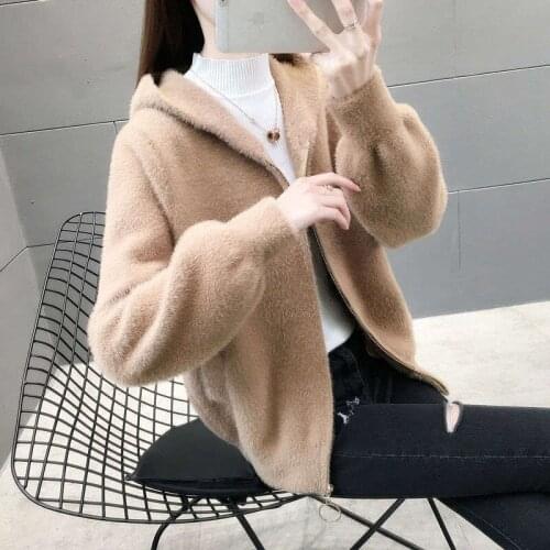 Long-Sleeve Mink Fur Coat Womens Loose Hooded Sweater Cardigan Autumn Winter Single-Breasted Plus Size Jacket Female Outerwear