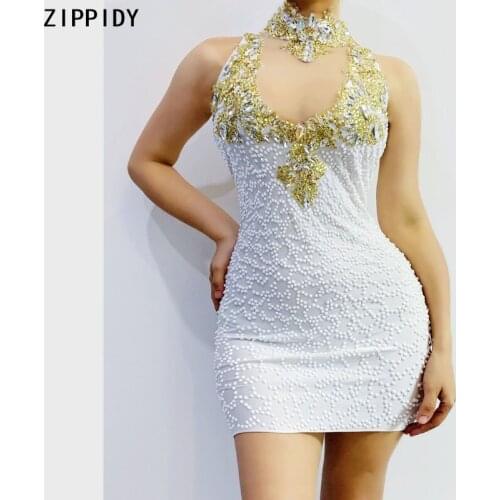 Gold White Stones Halter Dress Women Singer Dancer Show Outfit Prom Latin Dance Birthday Celebrate Beading Short Dress