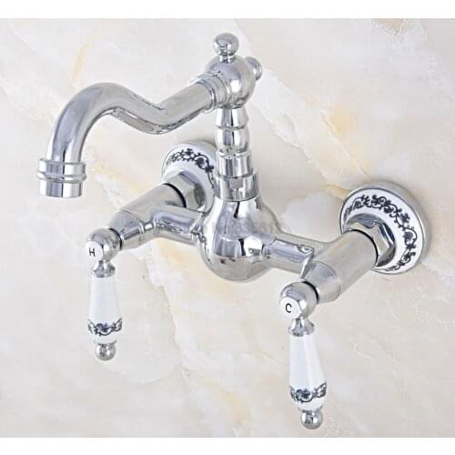Basin Faucets Wall Mounted Kitchen Bathroom Sink Faucet Dual Handle Swivel Spout Hot Cold Water Mixer Tap tnf568