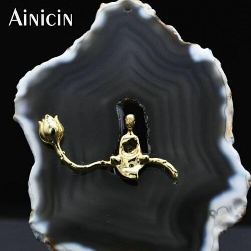 Unique Gold Plating Meditation Buddha Louts Pendants Natural Black Agate Slice For Desk Decoration Jewelry