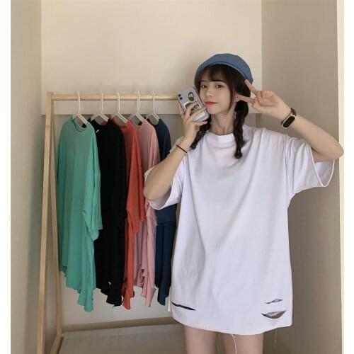 Korean Tshirt Ulzzang Chic Graphic Oversized All Match Women Tee Hole Loose Tops Vintage Girl Very Cool T-shirts Summer Cotton