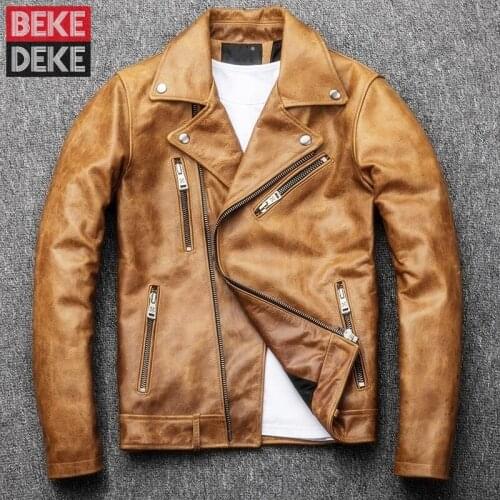 Vintage Real Leather Biker Motorcycle Jacket Mens Zippers Slim Fit Genuine Leather Jacket Plus Size 4XL Lapel Cowhide Male Coat