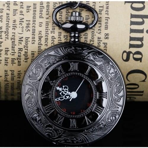 Vintage Black Pocketwatch CharmUnisex Fashion Roman Number Quartz Steampunk Pocket Watch Women Man Necklace Pendant with Chain