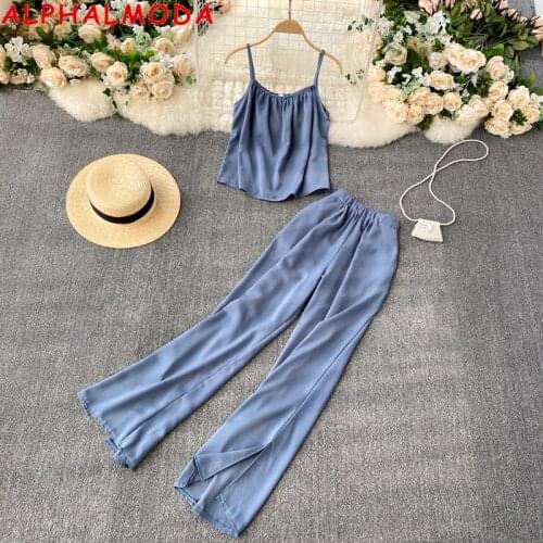 ALPHALMODA 2021 New Womens Suspender Vest Split Wide Leg Pants Summer Casual 2pcs Clothes Suit Solid Chiffon Pants 2pcs Set