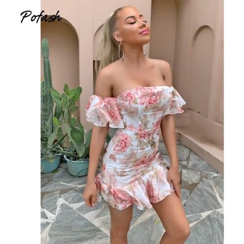 Pofash Floral Print Off Shoulder Mini Dresses For Women Backless Ruffle Sexy Summer Dress Ruched Bodycon Dress 2021 Vestidos