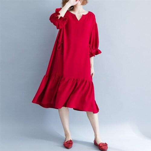 Fashion Plus Size Dress 2020 Spring Summer Dress new red retro was thin 3/4 sleeve Women Dress b83