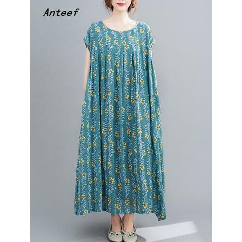 Short sleeve cotton linen vintage floral dresses for women casual loose long summer dress elegant clothes 2021