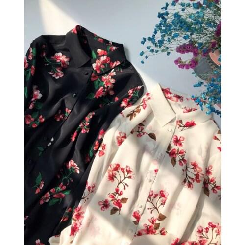 100% Silk Blouse Women Long Sleeve Shirt Floral Top Female Spring Autumn Womens Tops and Blouses 2021 Blusas Mujer Pph3719