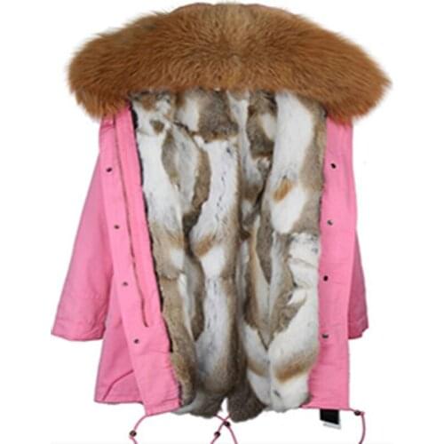 2020 Winter Women Coat Jacket Long Slim Parkas With Real Rex Rabbit Fur Liner And Large Raccoon Fur Collar Hooded Brand Quuality