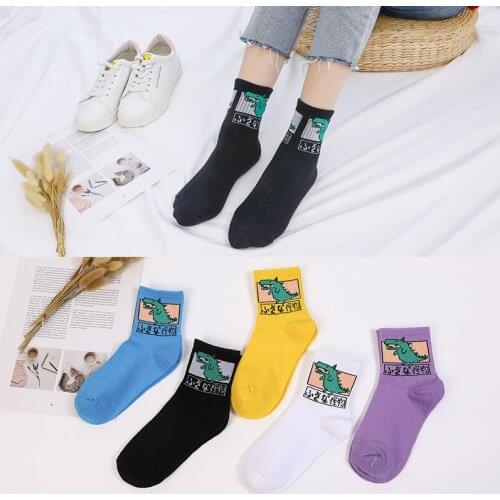 5 Pairs/Lot Combed Cotton Socks Women Funny Cartoon Monster Cute Mini Dinosaur School Girl Boy Happy Sox Street Tide Skateboard