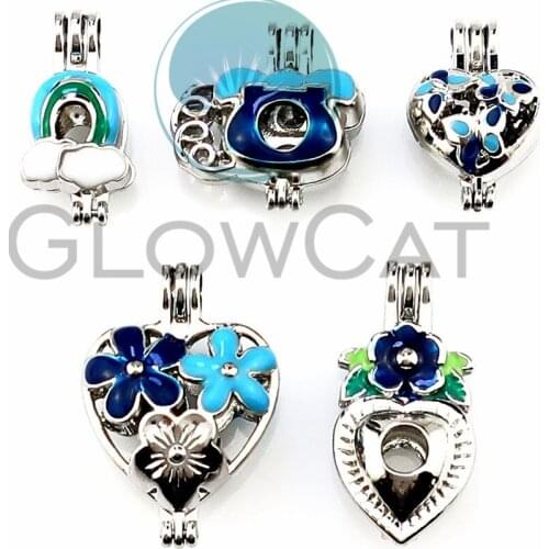 5X Colors Enamel Rainbow Flower Heart Plant Beads Cage Perfume Diffuser Pearl Cage Locket Pendant 22277