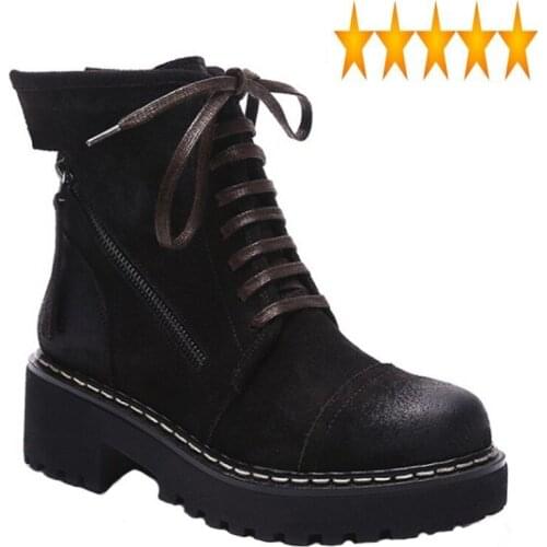 Bottom British Fashion Lace Thick Up Round Toe Womens Nubuck Harajuku Vintage Motorcycle Side Zipper Platform Cargo Boots