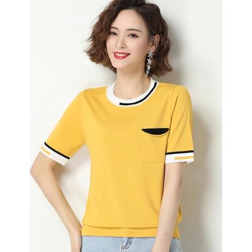 Camisetas Mujer 2021 Striped Contrast Color Thin Knitted T Shirt Women Short Sleeve Summer Tops Woman T-Shirt Tee Shirt Femme
