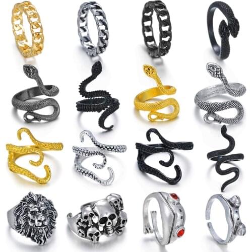 New Fashion Rings for Men Women Punk Gothic Snake Skull Black Silver Plated Ring Exaggerated Adjustable Chic Party Gift Jewelry