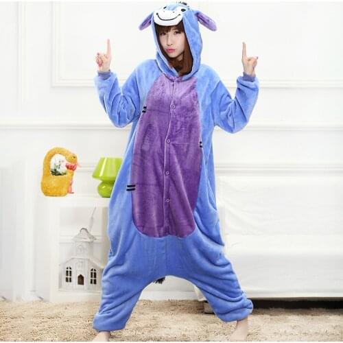Cartoon Anime Eeyore Onesie Women Animal Donkey Kigurumis Blue Funny Cute Home Jumpsuit Winter Sleepwear Warm Pajama Overall