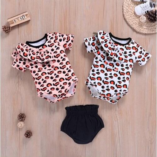 2Pcs Breathable Baby Girls Outfit Summer Leopard Print Ruffles Short Sleeve Round Collar Romper + Casual Shorts