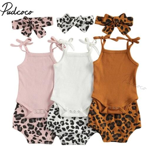 Infant Newborn Baby Girls 3 Pcs Outfits Suits, Sling Tank Tops Ribbed Romper Tops + Leopard Shorts + Headband Sets