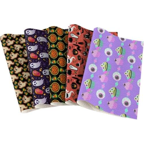 Halloween Pumpkin Ghost Bat Skull Printed Synthetic Leather Faux Fabric Piece for Decoration Accessories
