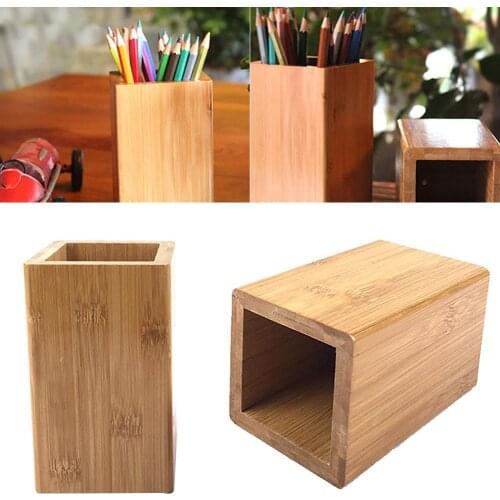 Square Bamboo Wood Student Desktop Pen Pencil Holder Stationery Organizer Storage Box Office Supplies