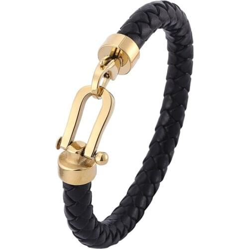 Trendy Mens Jewelry Black Braided Leather Bracelet Gold Color Stainless Steel Horseshoe Lobster Clasp Handmade Bracelets PD0760