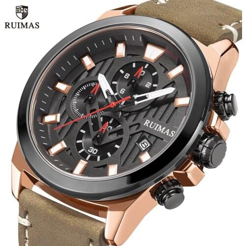 RUIMAS Casual Sport Watches Men Top Luxury Brand Leather Quartz Watch Man Military Chronograph Wristwatch Relogio Masculino 582